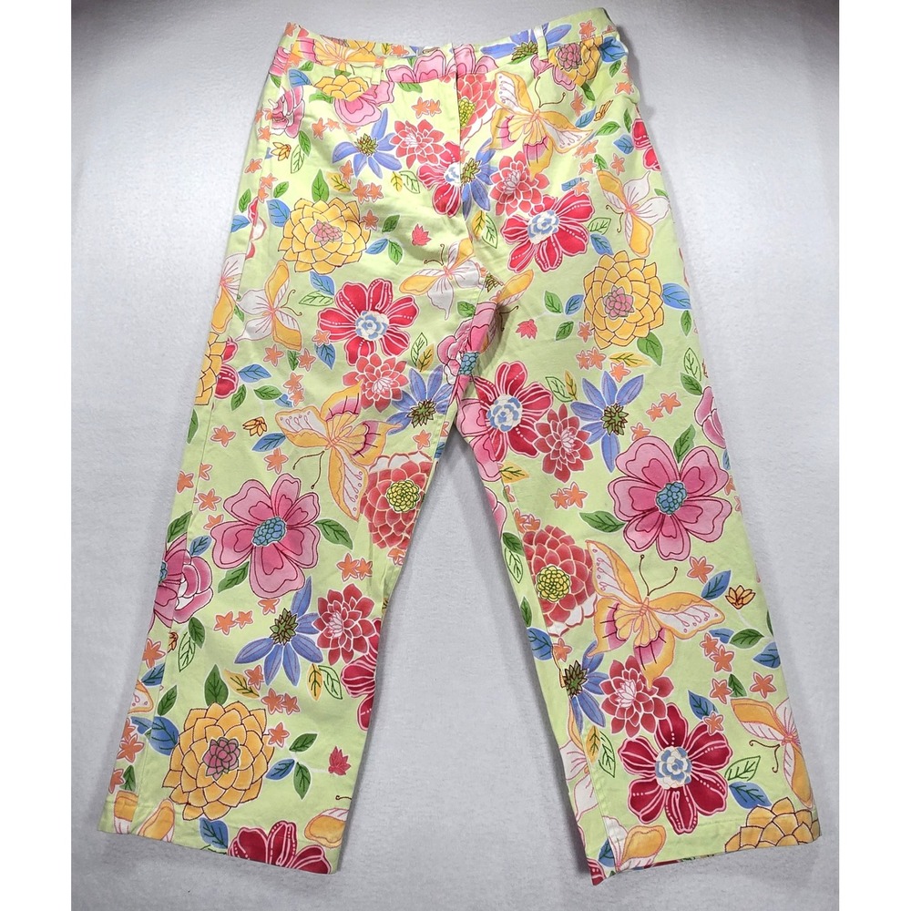 Talbots Floral Butterfly Print Stretch Pants Green Pink Yellow Women 14 Crop